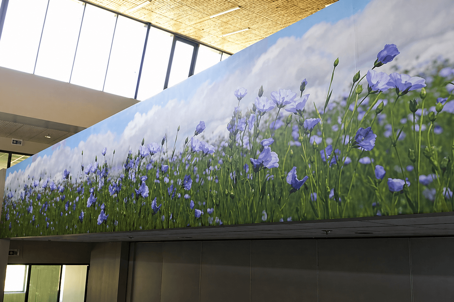Kamerbrede wandprint met blauwe bloemen en wolkenlucht, strak gemonteerd als decoratieve interieurvisual op een hoge binnenwand.