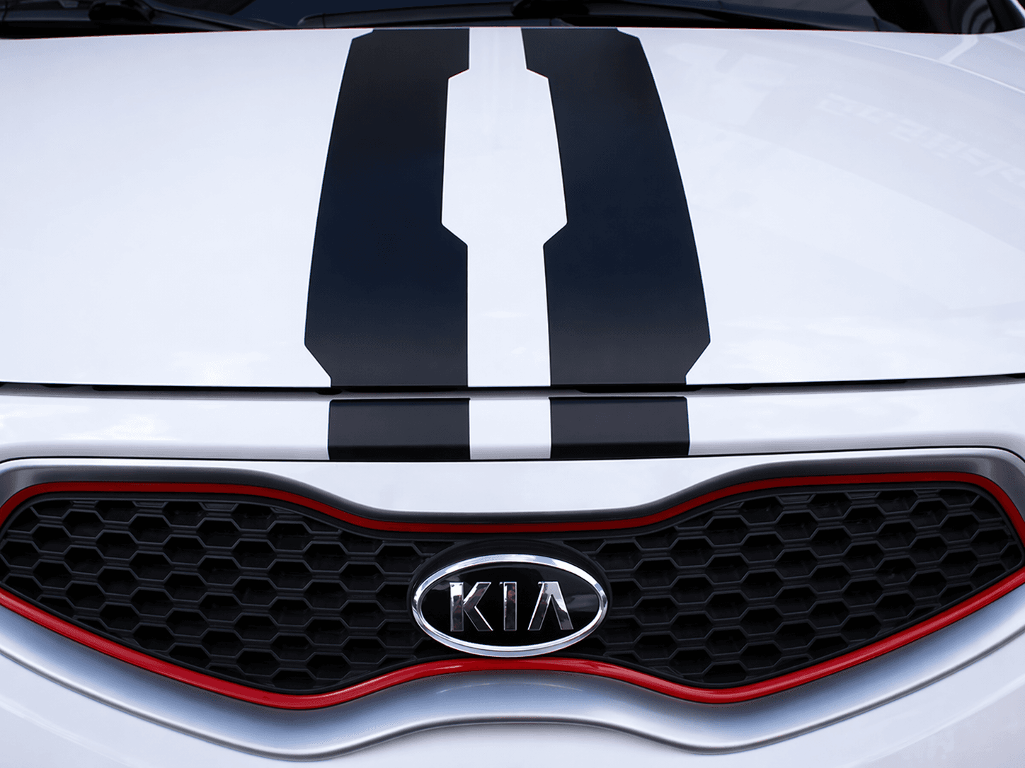 Close-up van de voorzijde van een witte Kia met zwarte striping op de motorkap en rode accenten rond de grille, geschikt als voorbeeld van voertuigbelettering en car wrapping.