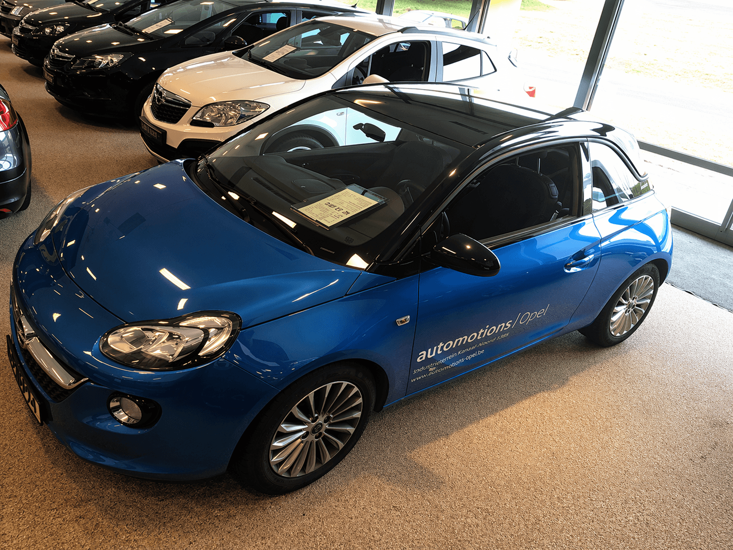 Blauwe personenauto met witte voertuigbelettering op de deur, geparkeerd in een autodealer showroom tussen andere wagens. De autobelettering met tekst “automotions|opel” is strak aangebracht als promotionele carwrap of snijfolie reclame.