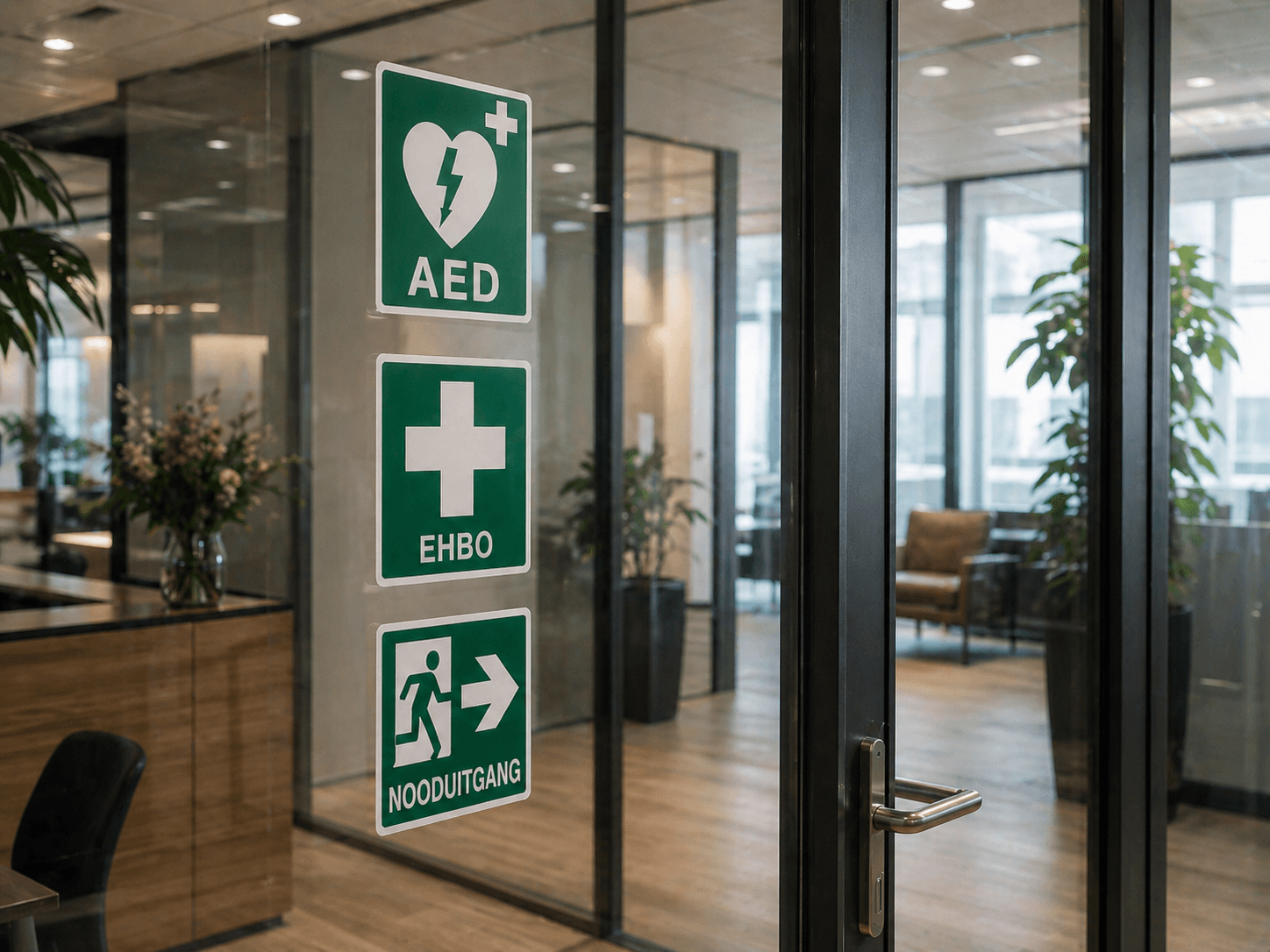 Groene veiligheidsstickers voor AED, EHBO en nooduitgang op een glazen deur in een moderne kantoorruimte.