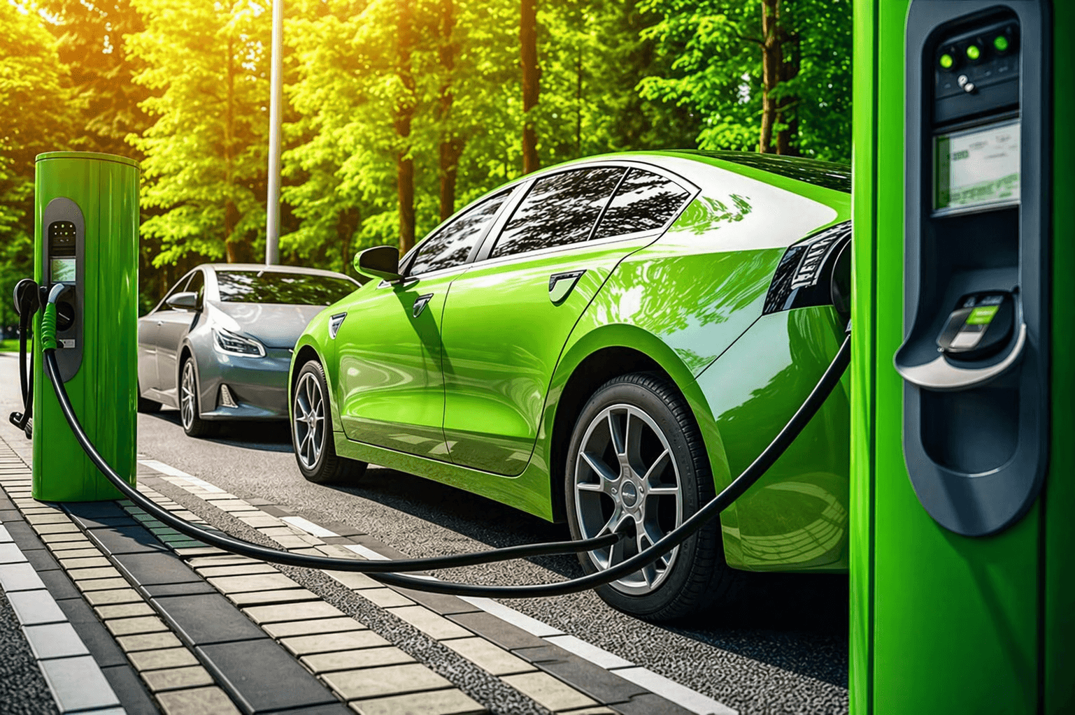 Groene laadpalen met laadkabels bij elektrische auto’s langs een weg in een groene, bosrijke omgeving.