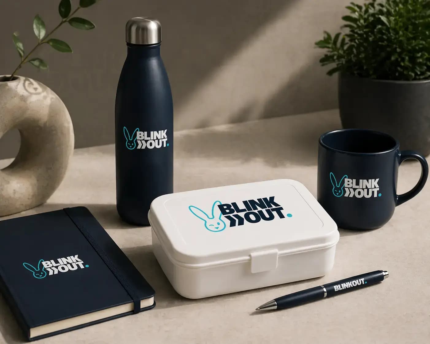 Set promotionele relatiegeschenken met BLINK OUT-logo, waaronder een thermosfles, mok, lunchbox, notitieboek en pen, stijlvol gepresenteerd op een bureau.