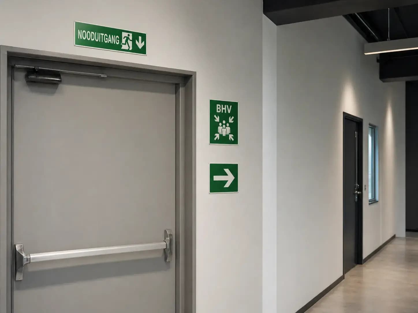 Groene nooduitgang- en BHV-veiligheidsborden met pijlmarkering bij een grijze vluchtdeur in een moderne gang.