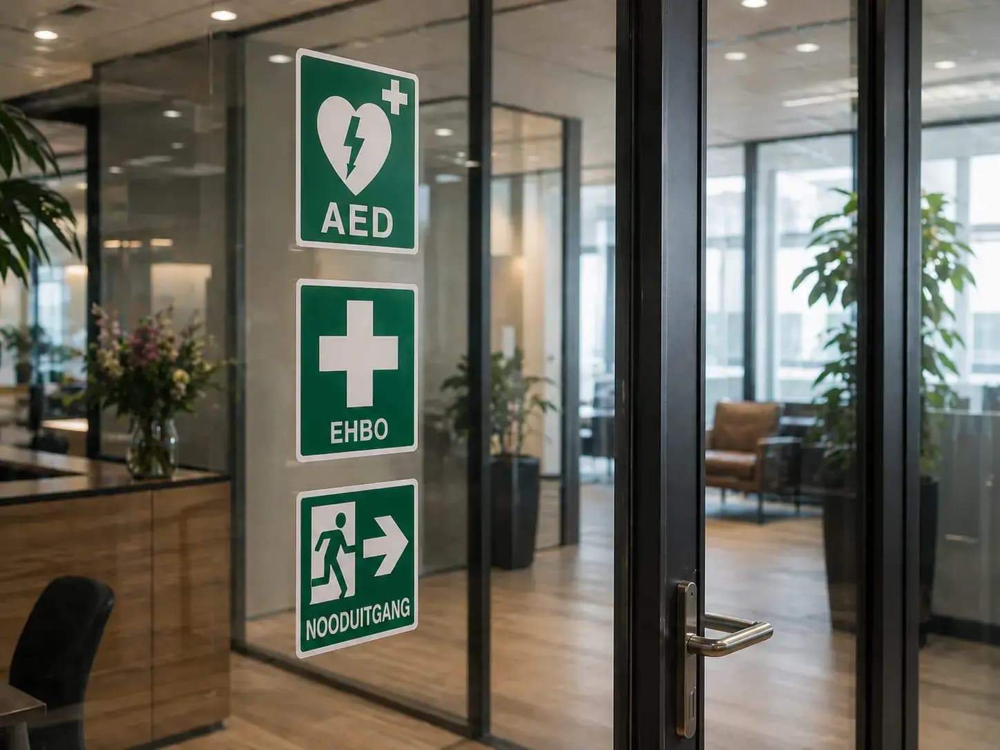 Groene veiligheidsstickers voor AED, EHBO en nooduitgang op een glazen deur in een moderne kantoorruimte.