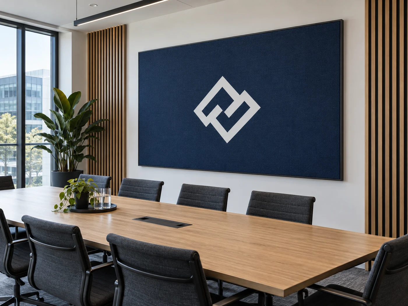 Corporate meeting room with a logo on an acoustic wall panel