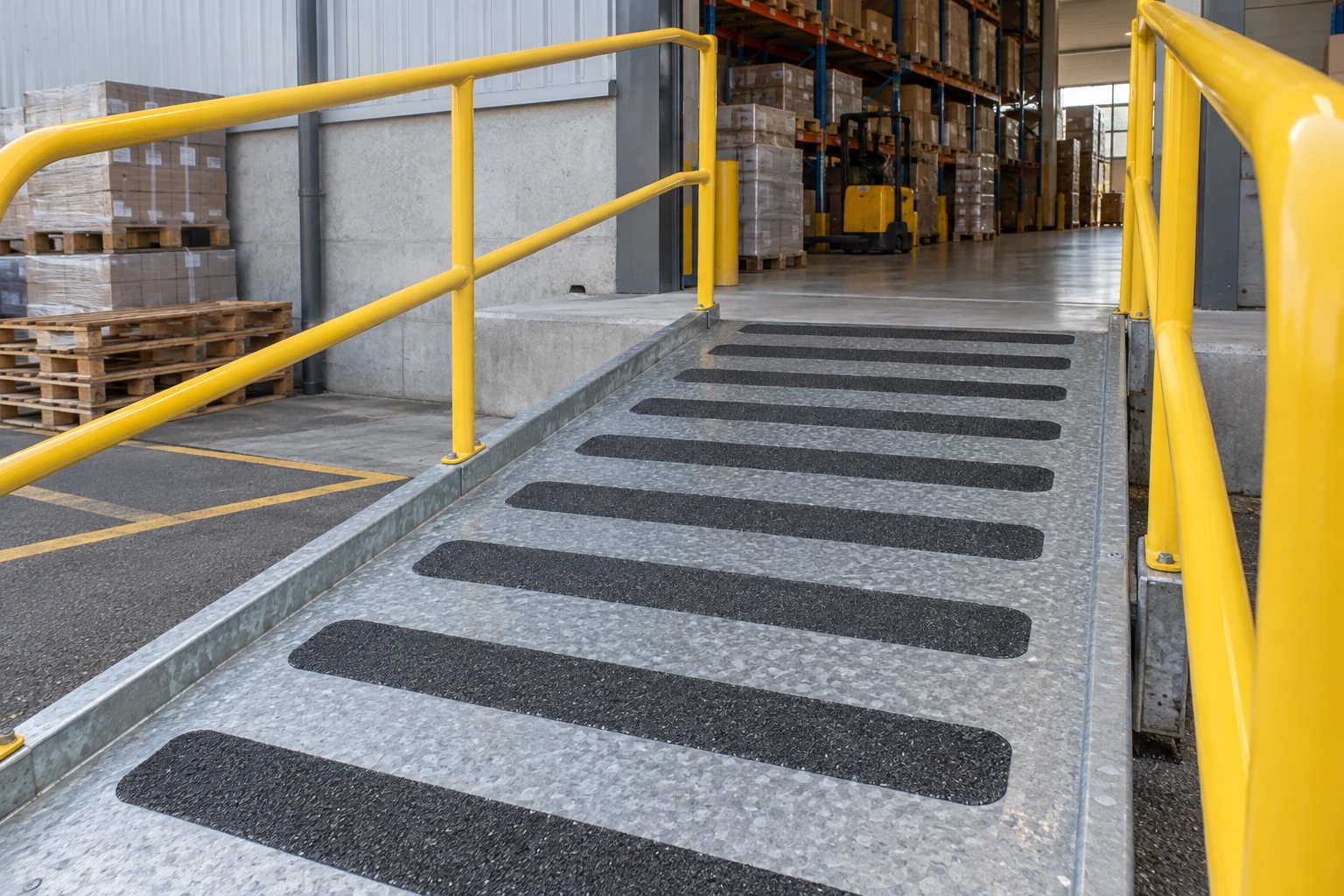 Grip strips on a warehouse access ramp