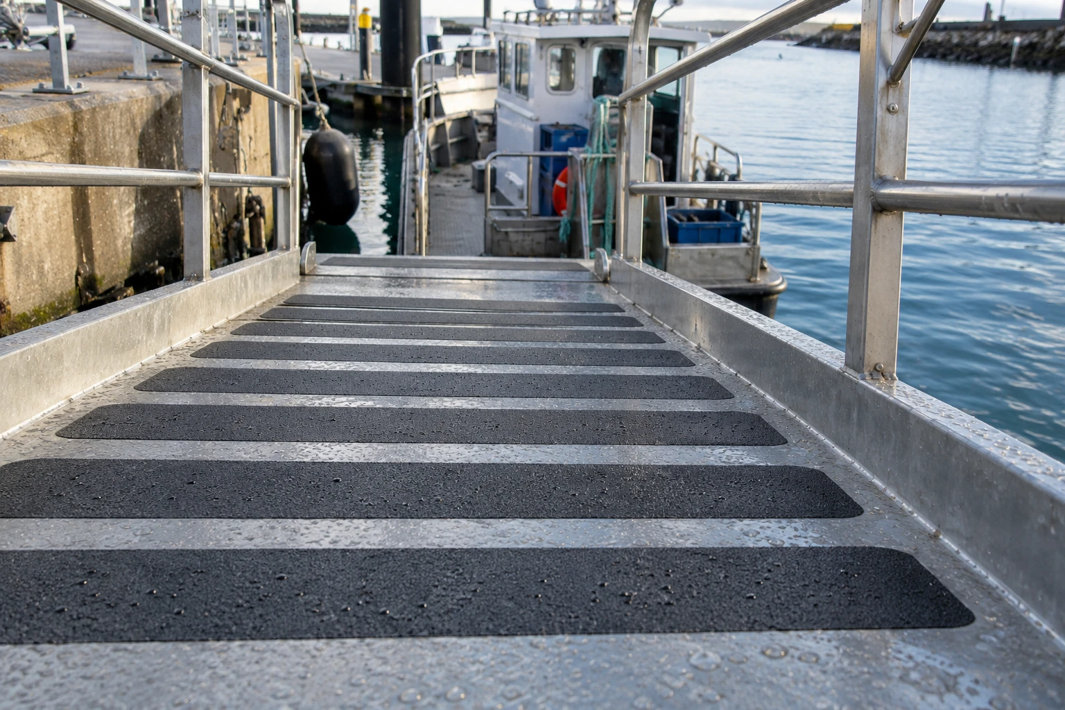 Black grip strips on a metal gangway beside a workboat