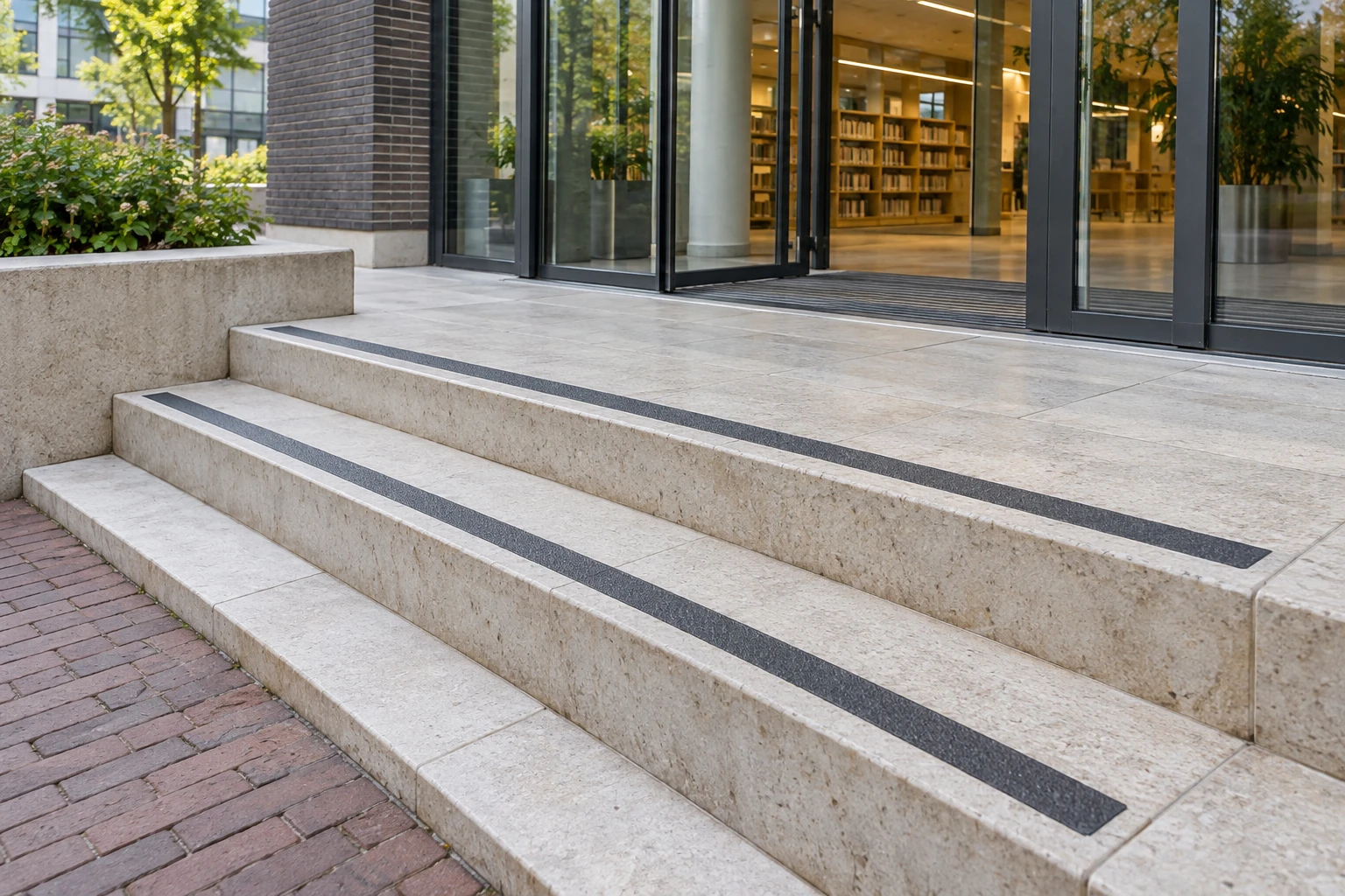 Anti-slip strips on pale stone steps at a public building entrance