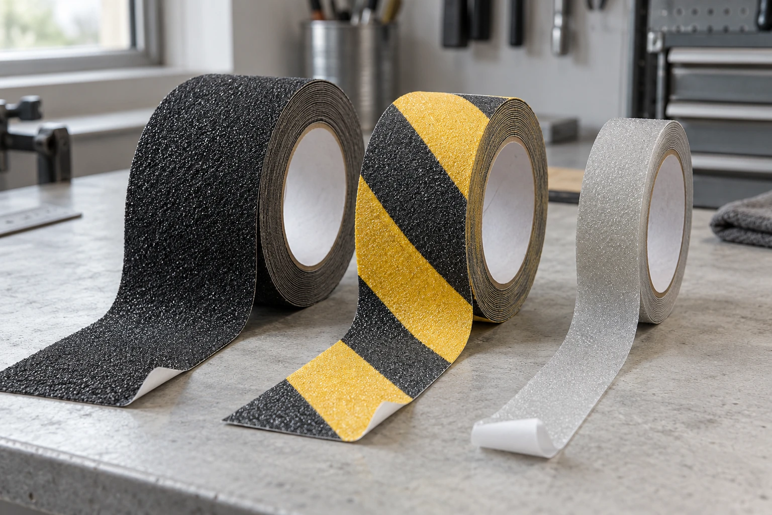 Rolls of black, yellow-and-black and pale translucent anti-slip tape