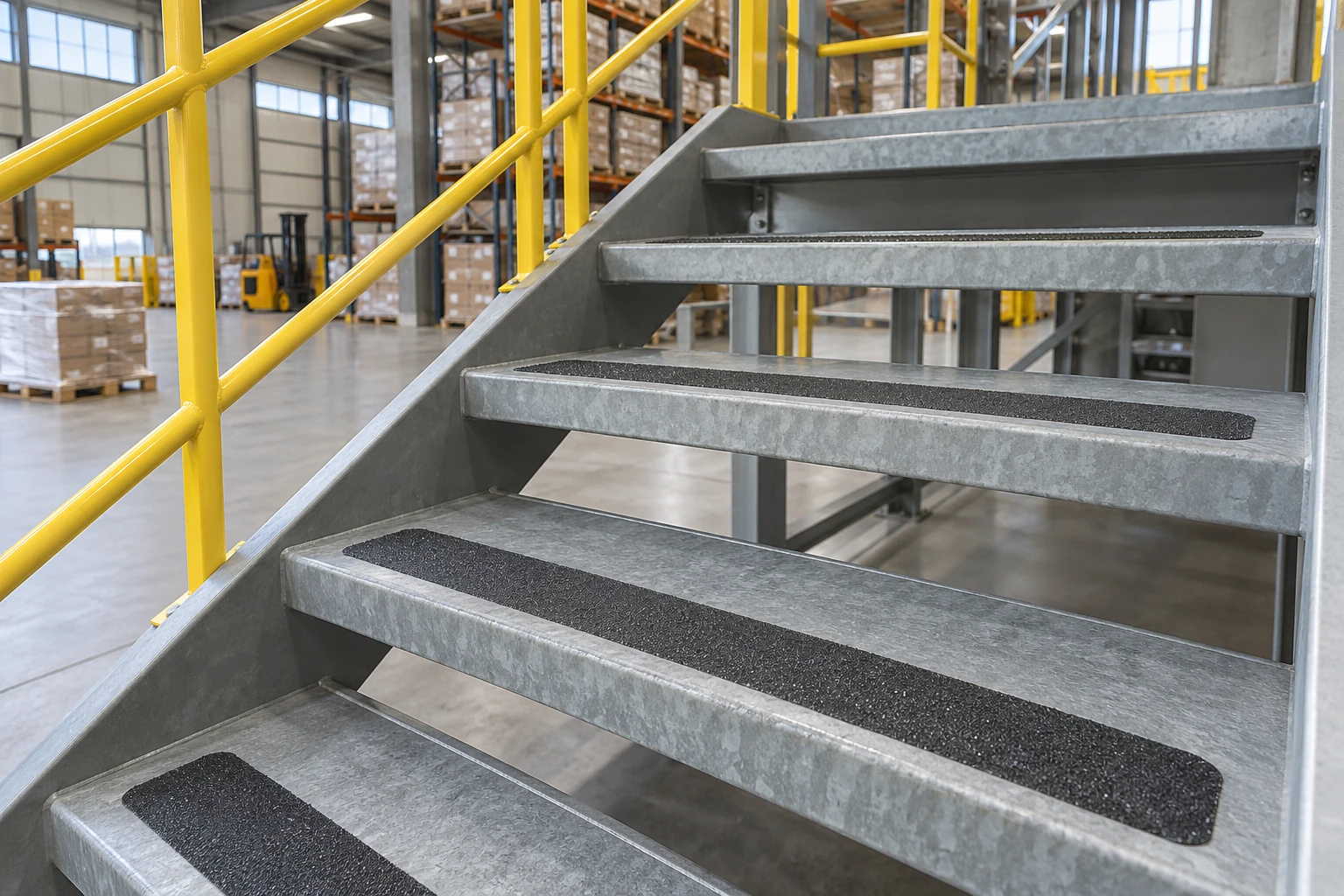 Black anti-slip strips on metal warehouse stair treads