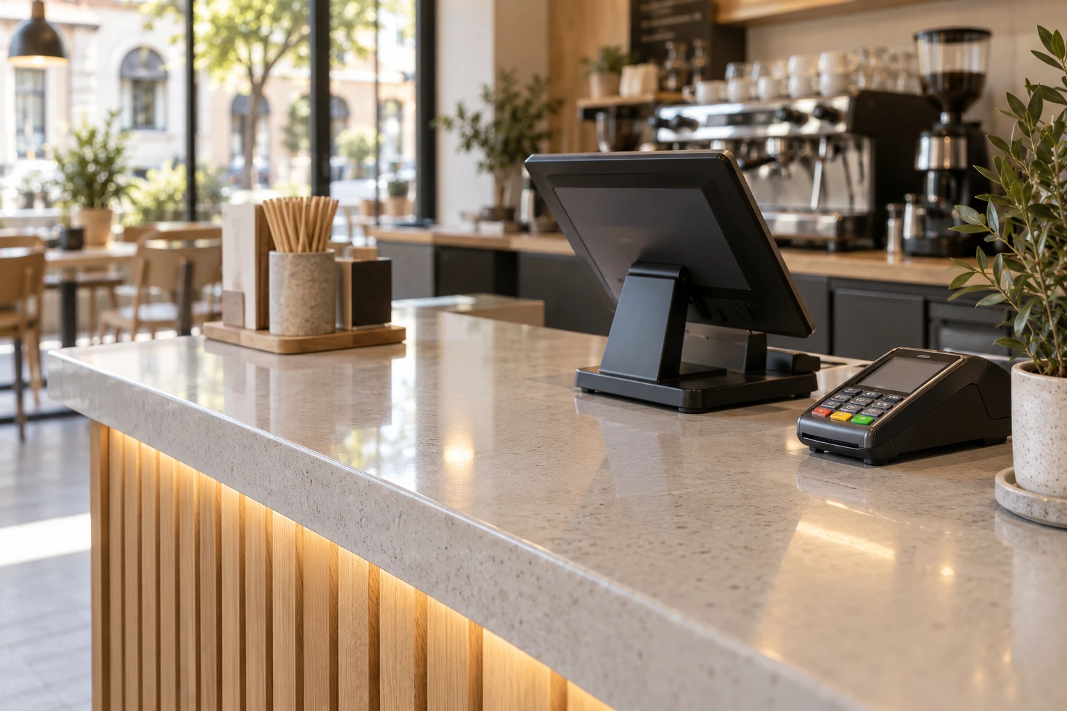 AI application illustration of a service counter and payment terminal in a café