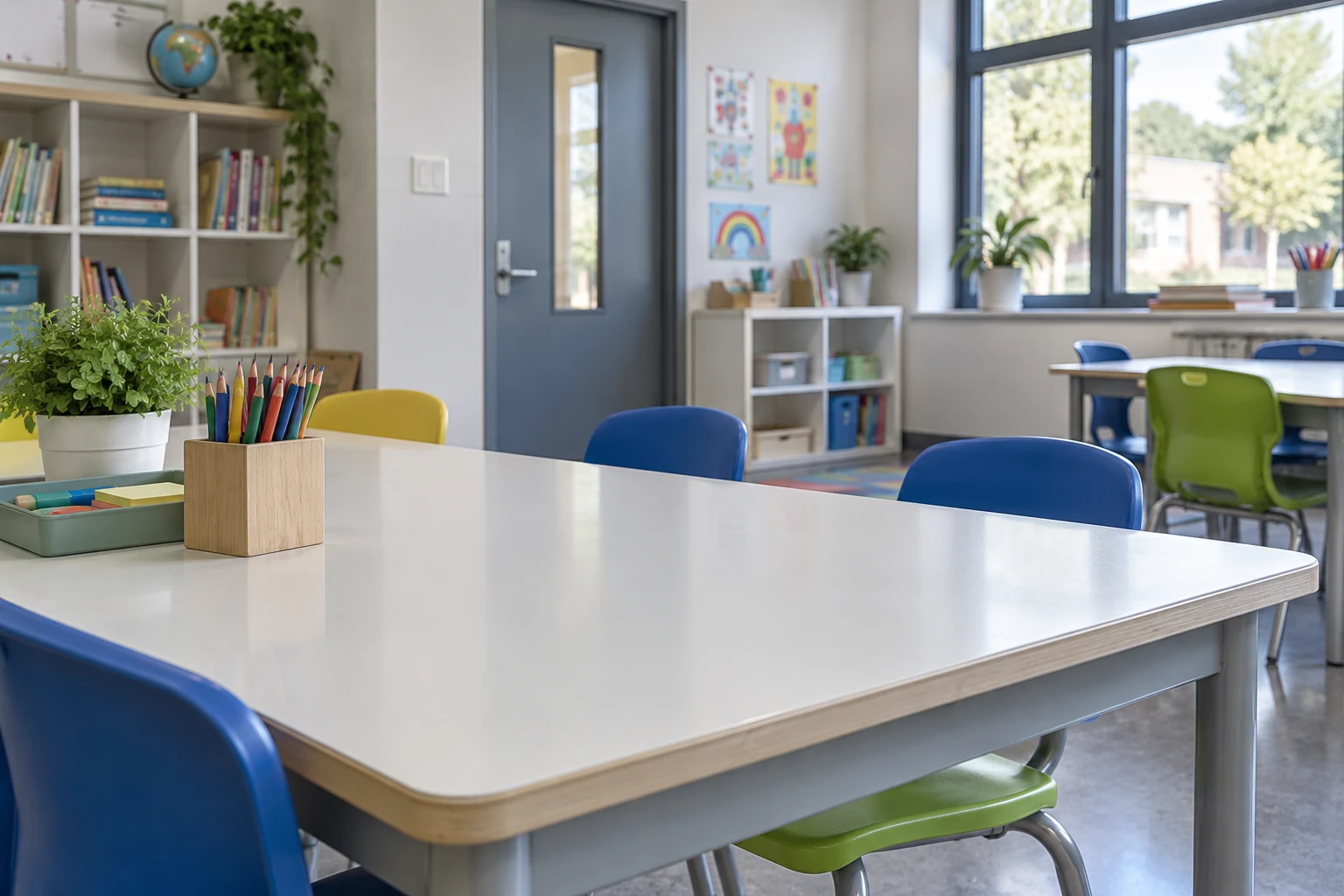 AI application illustration of shared tables in an empty classroom