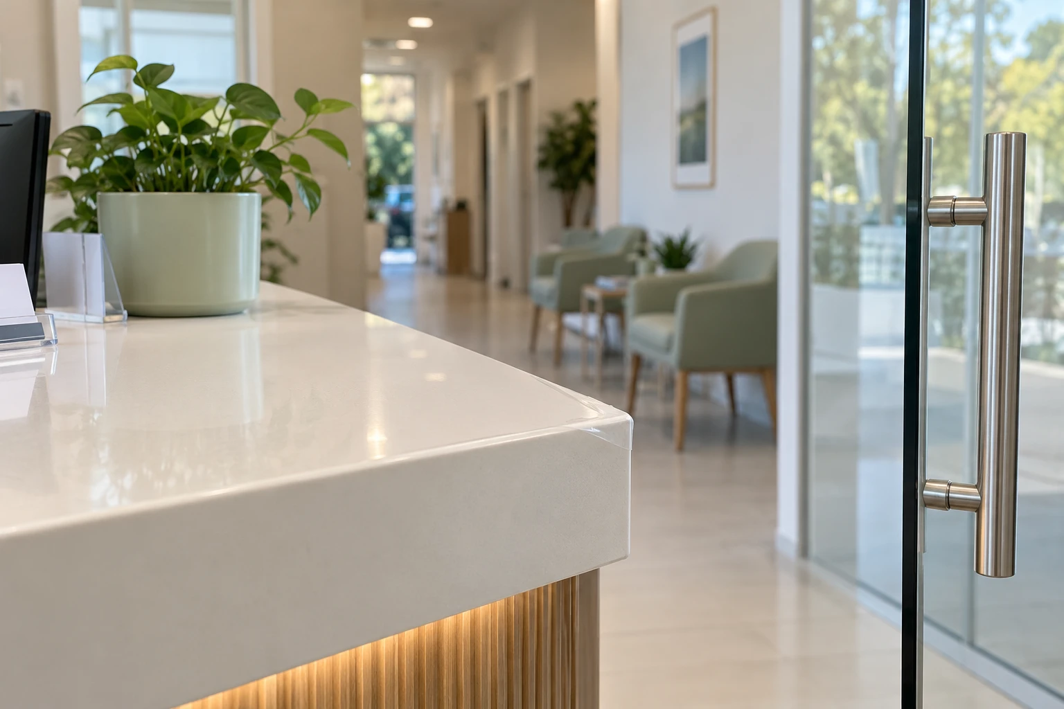 AI application illustration of a healthcare reception counter and glass door
