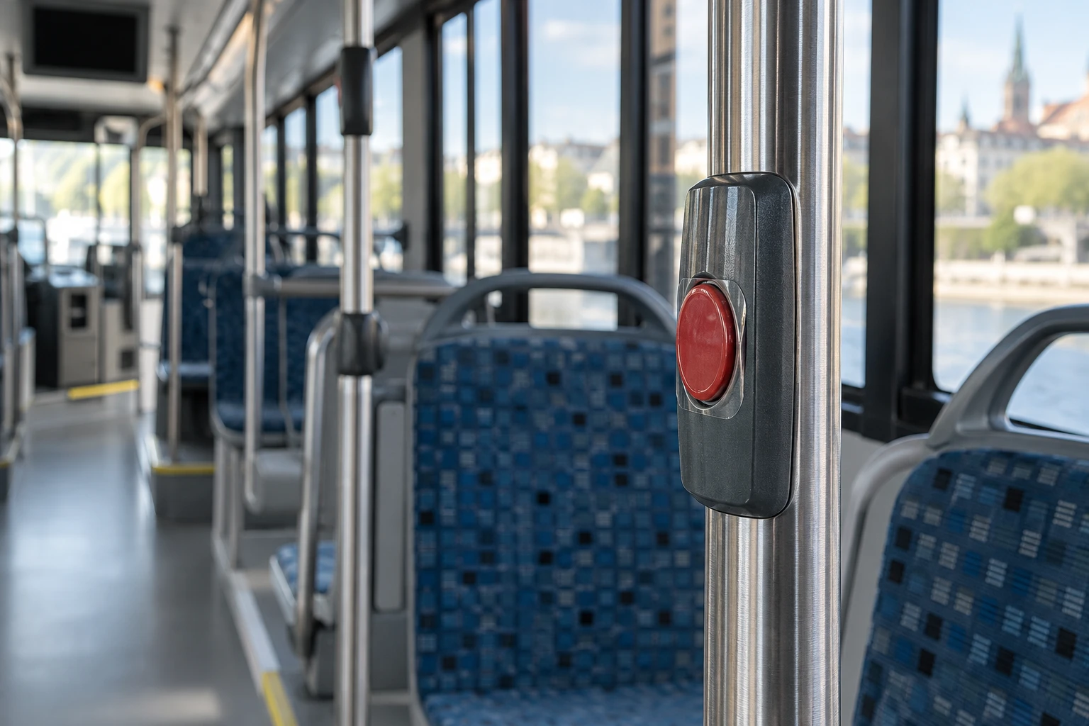 AI application illustration of a handrail and stop-request button on a bus