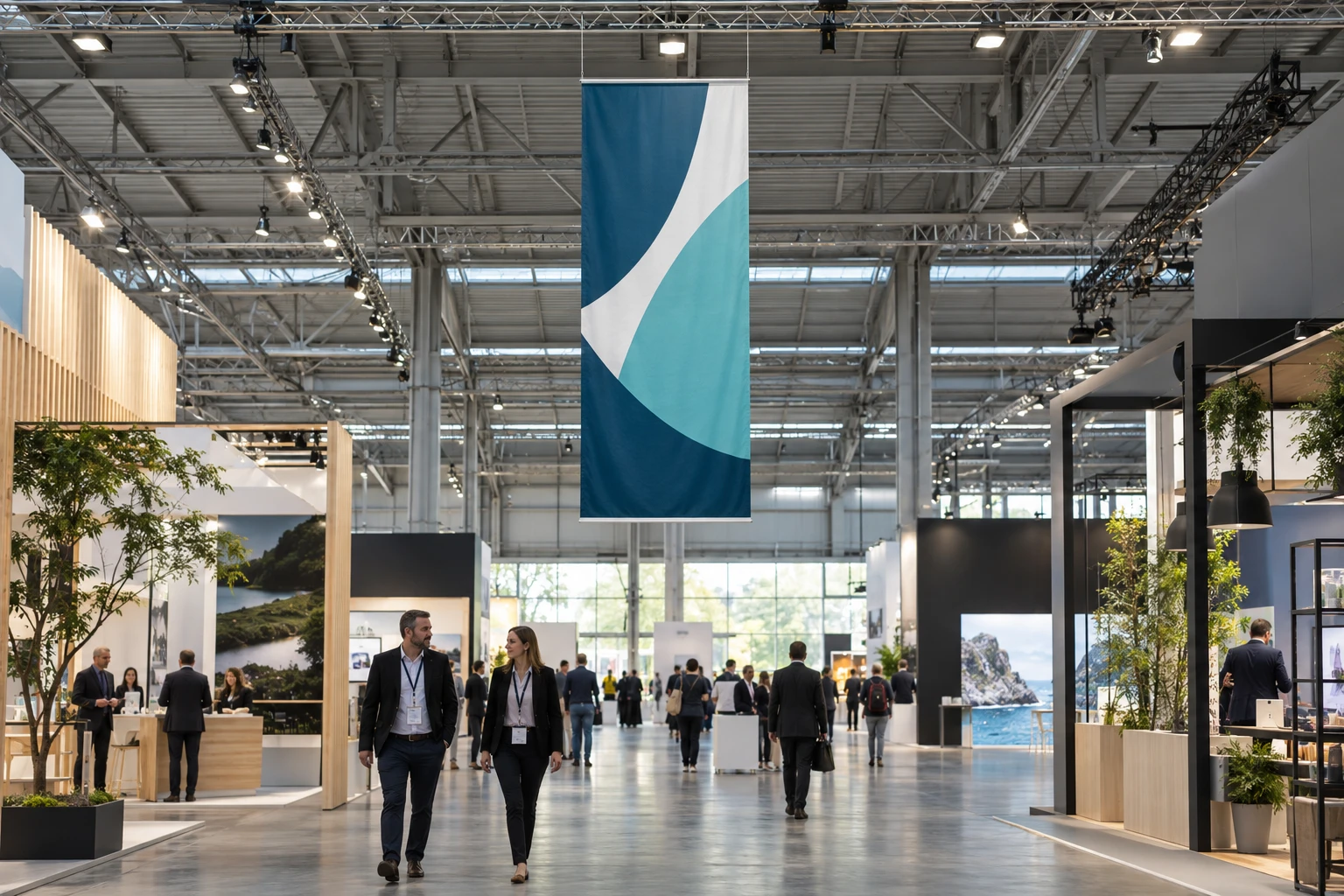 Design example of an indoor banner suspended above a walkway in an exhibition hall