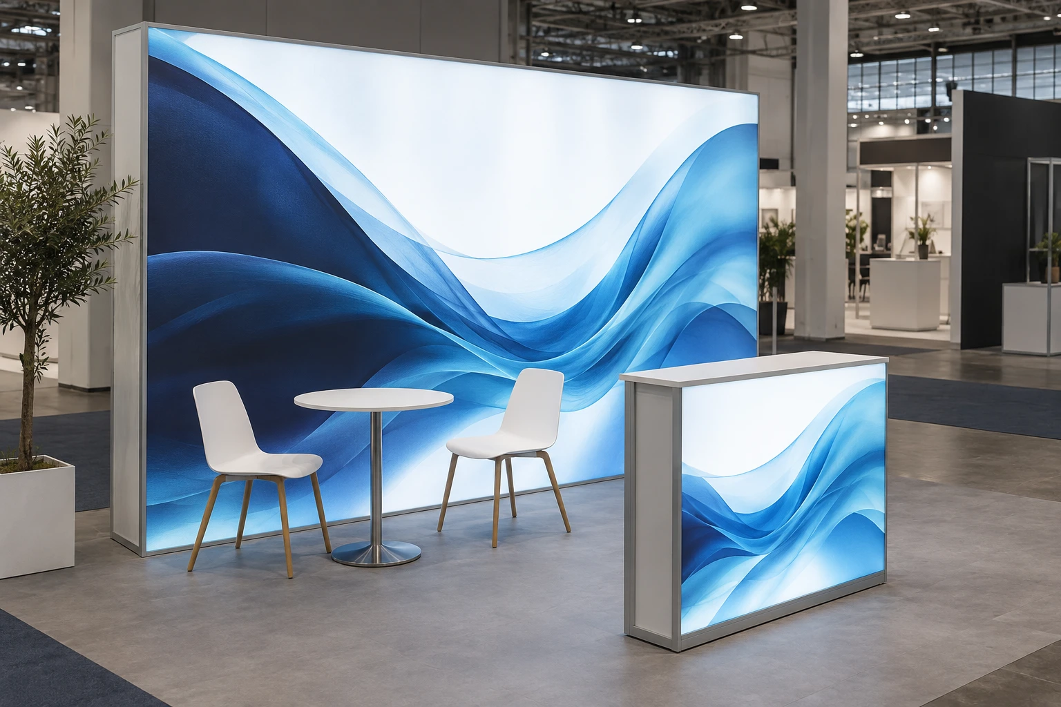 Concept of a backlit exhibition wall and counter with blue and white graphics