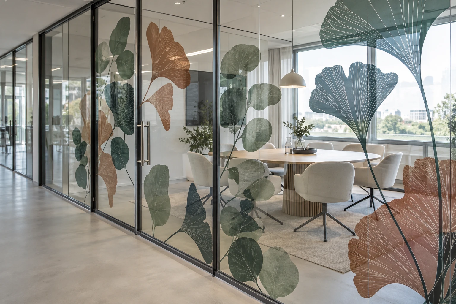 Gekleurde ginkgo- en eucalyptusmotieven op transparant glas rond een lichte vergaderruimte