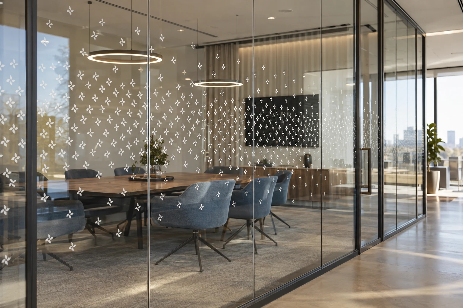 Patroon van kleine witte beeldmerken op de heldere glaswand van een vergaderzaal