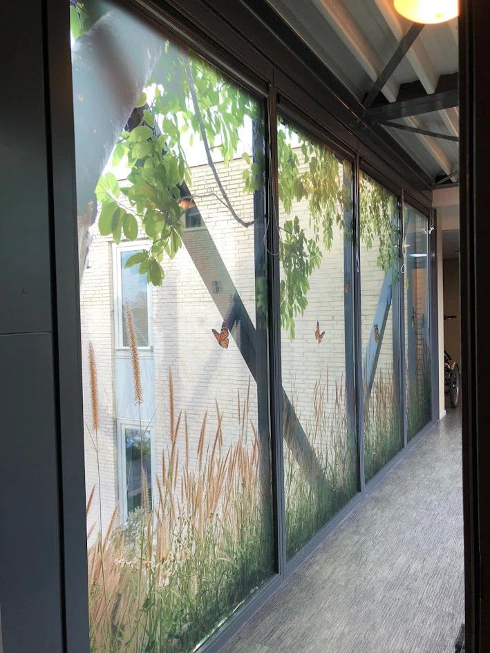 Glazed corridor wall with a nature print of leaves, butterflies and grasses