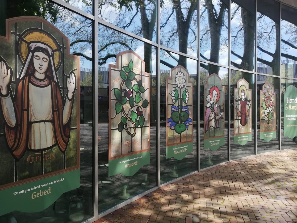 Windows with decorative images inspired by stained glass