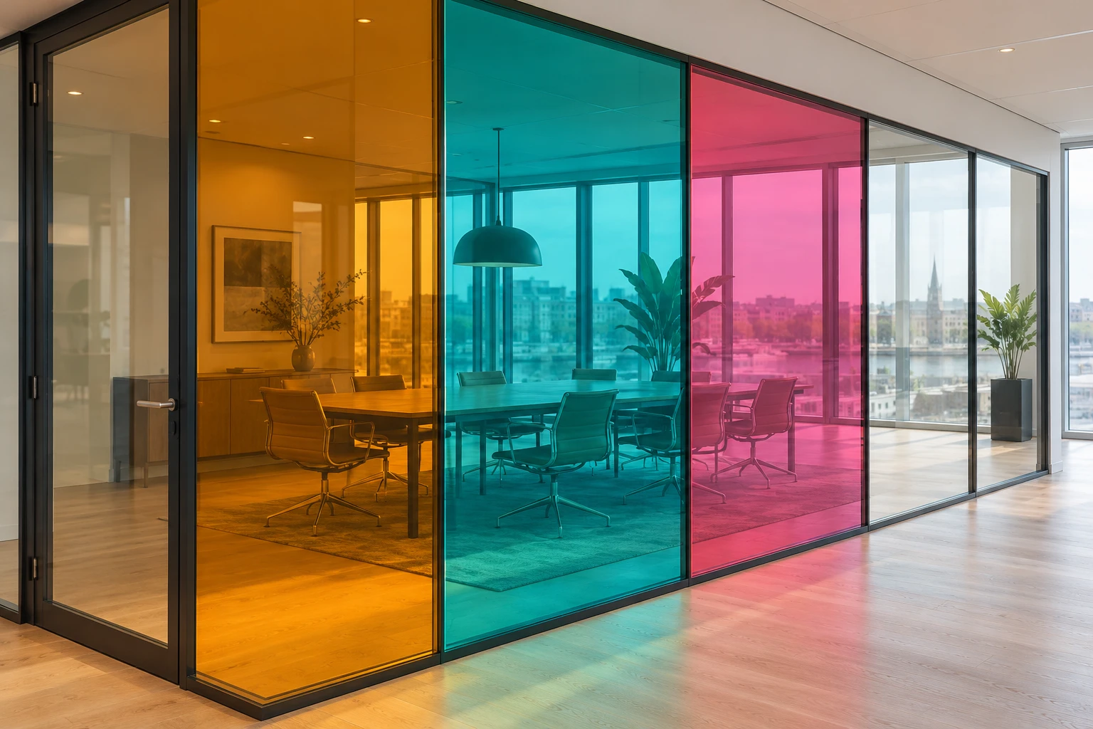 AI design example of transparent amber, turquoise and magenta window film with a view into a meeting room
