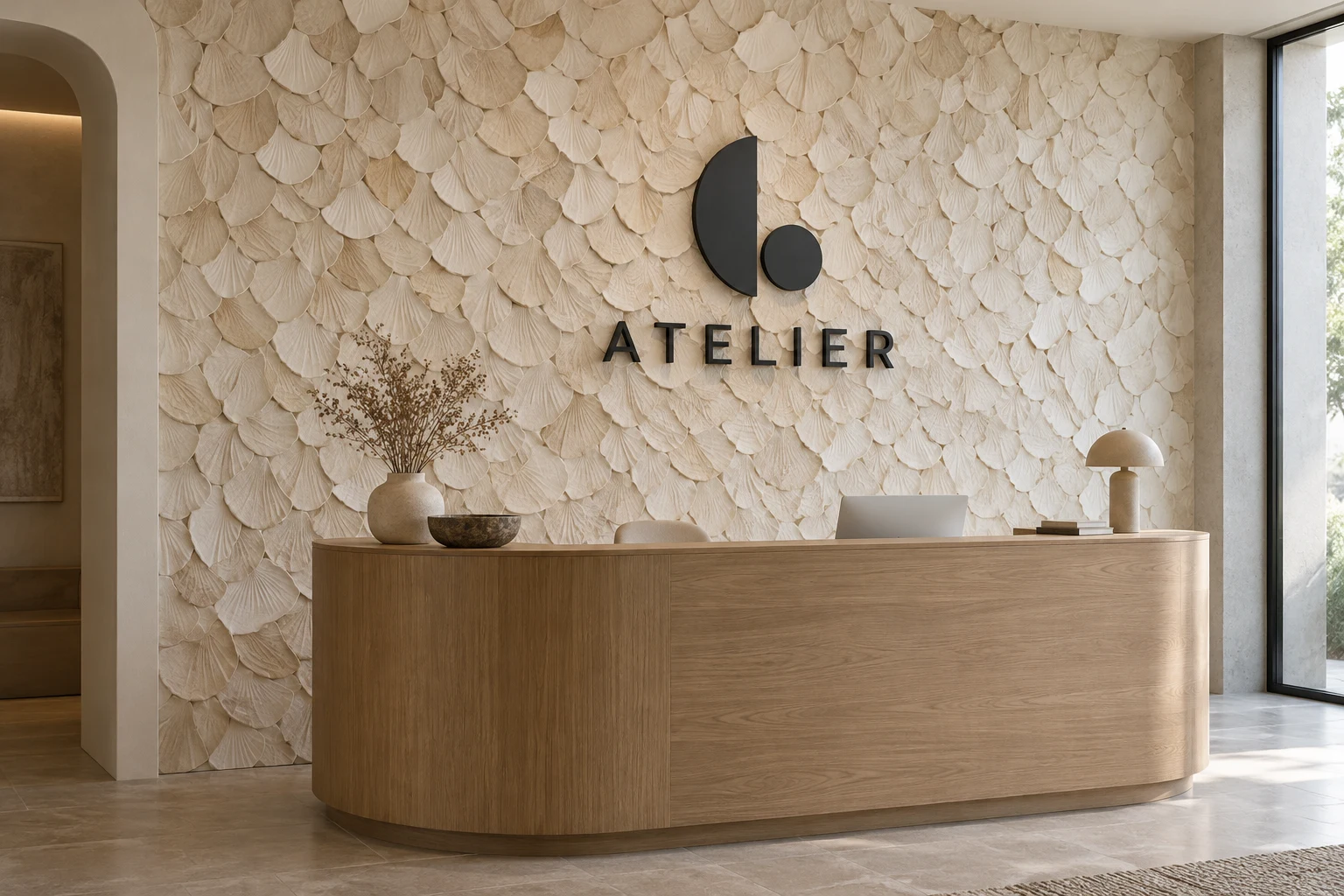 Shell-textured wall panels with a black acrylic logo