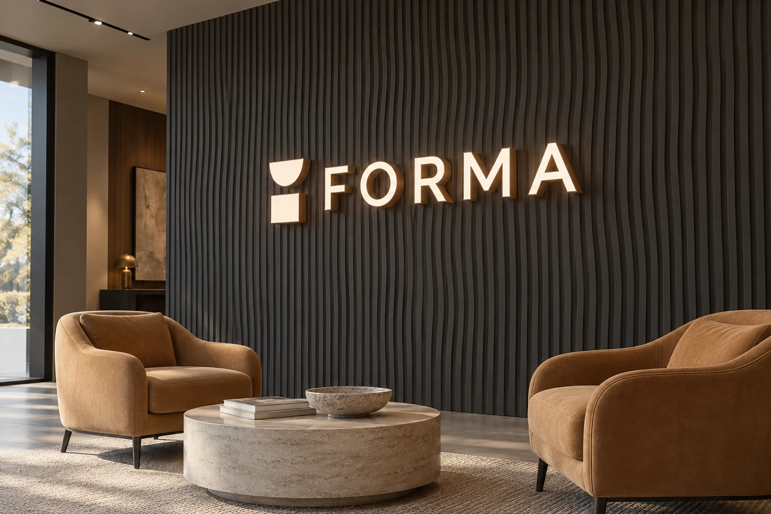 Dark relief panels with illuminated channel letters