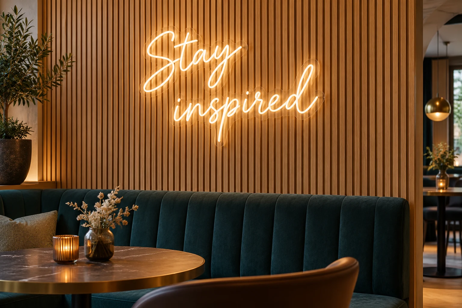 Fine timber slat wall with warm neon-style lettering