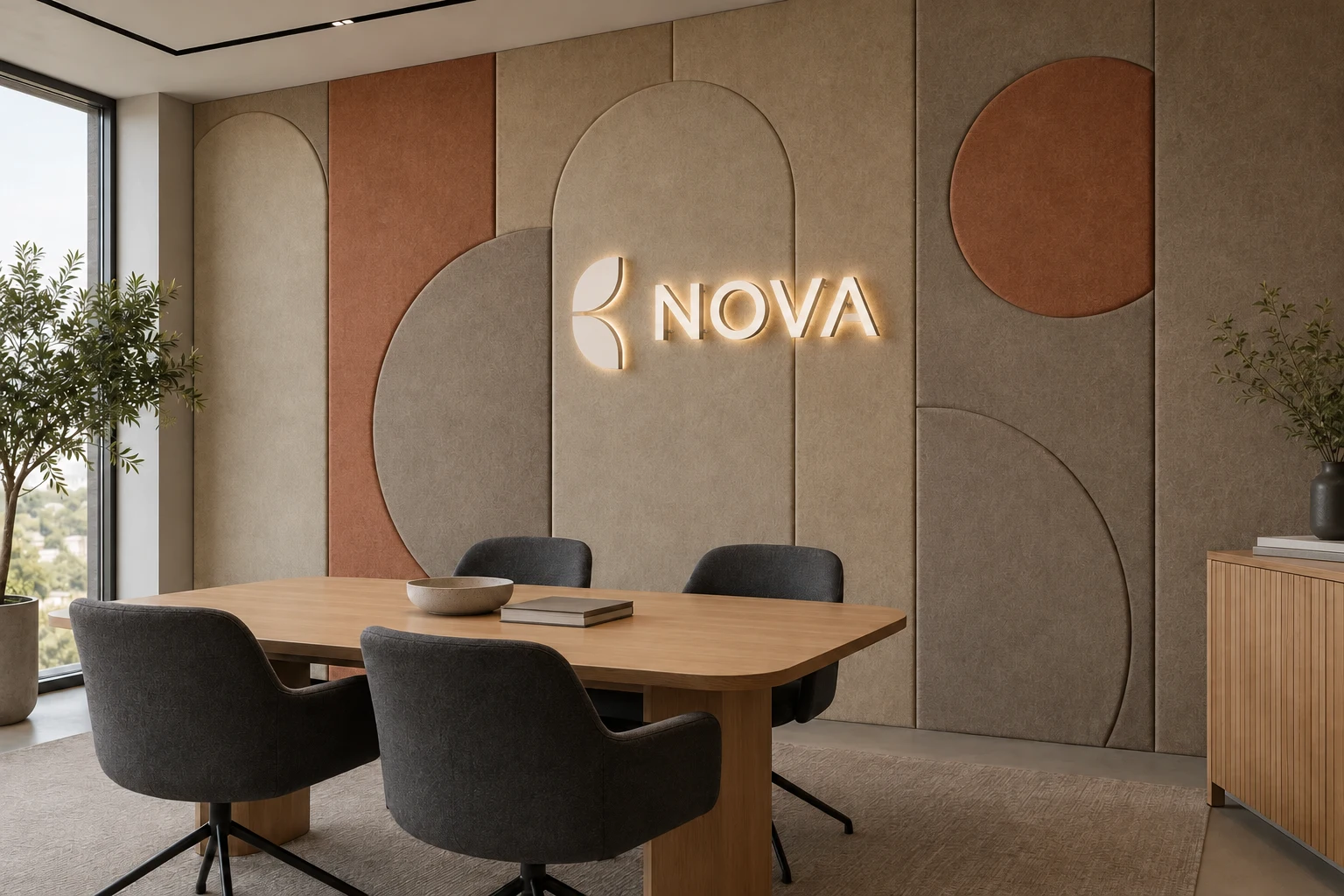 Felt wall panels with illuminated three-dimensional letters