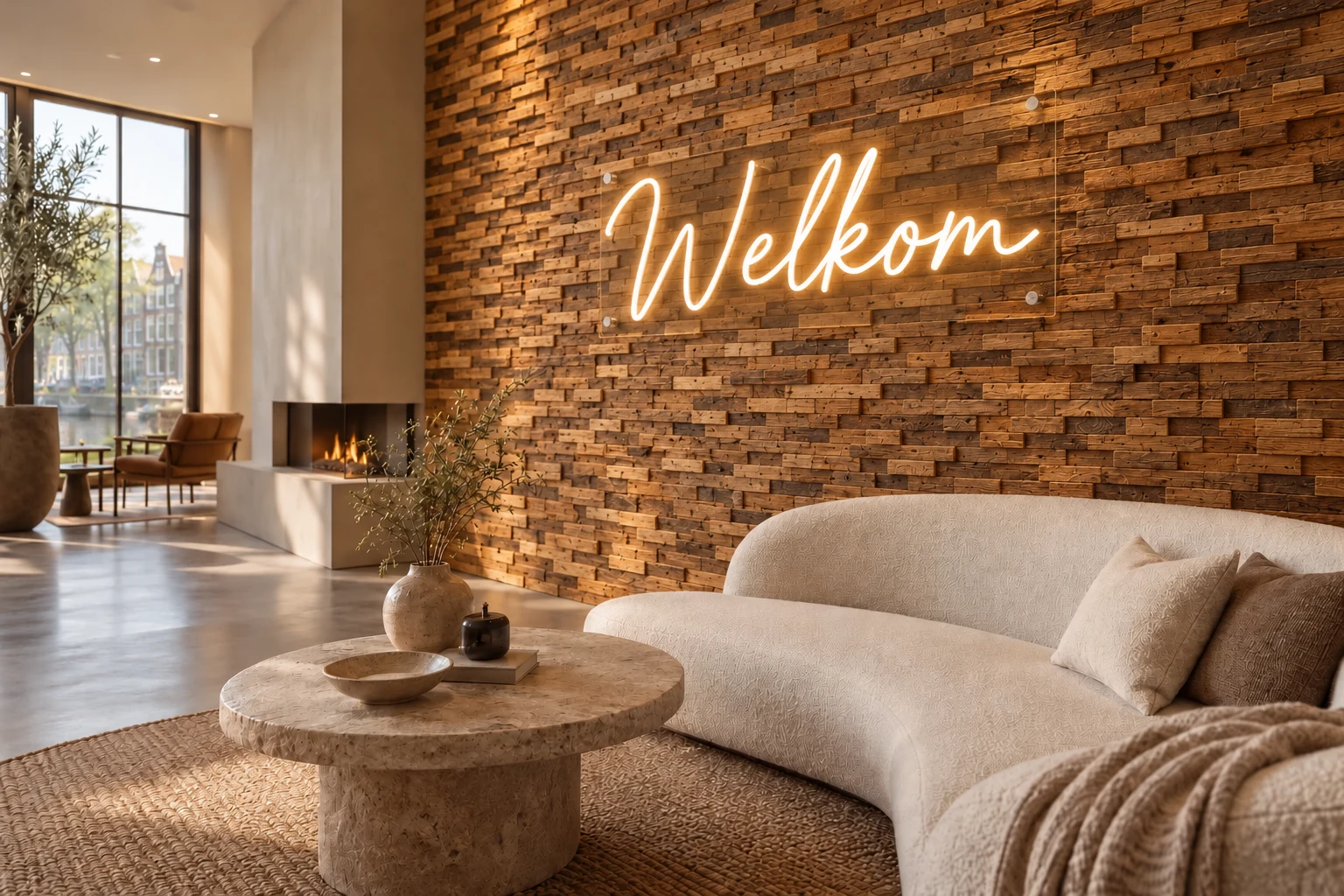 Natural relief wall with warm neon-style lettering