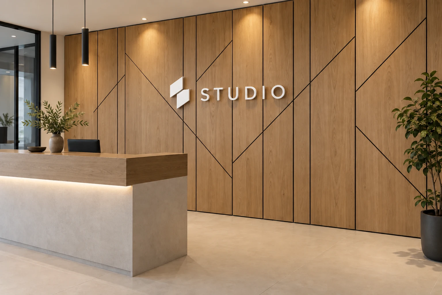 Graphic wall panels with a white acrylic logo