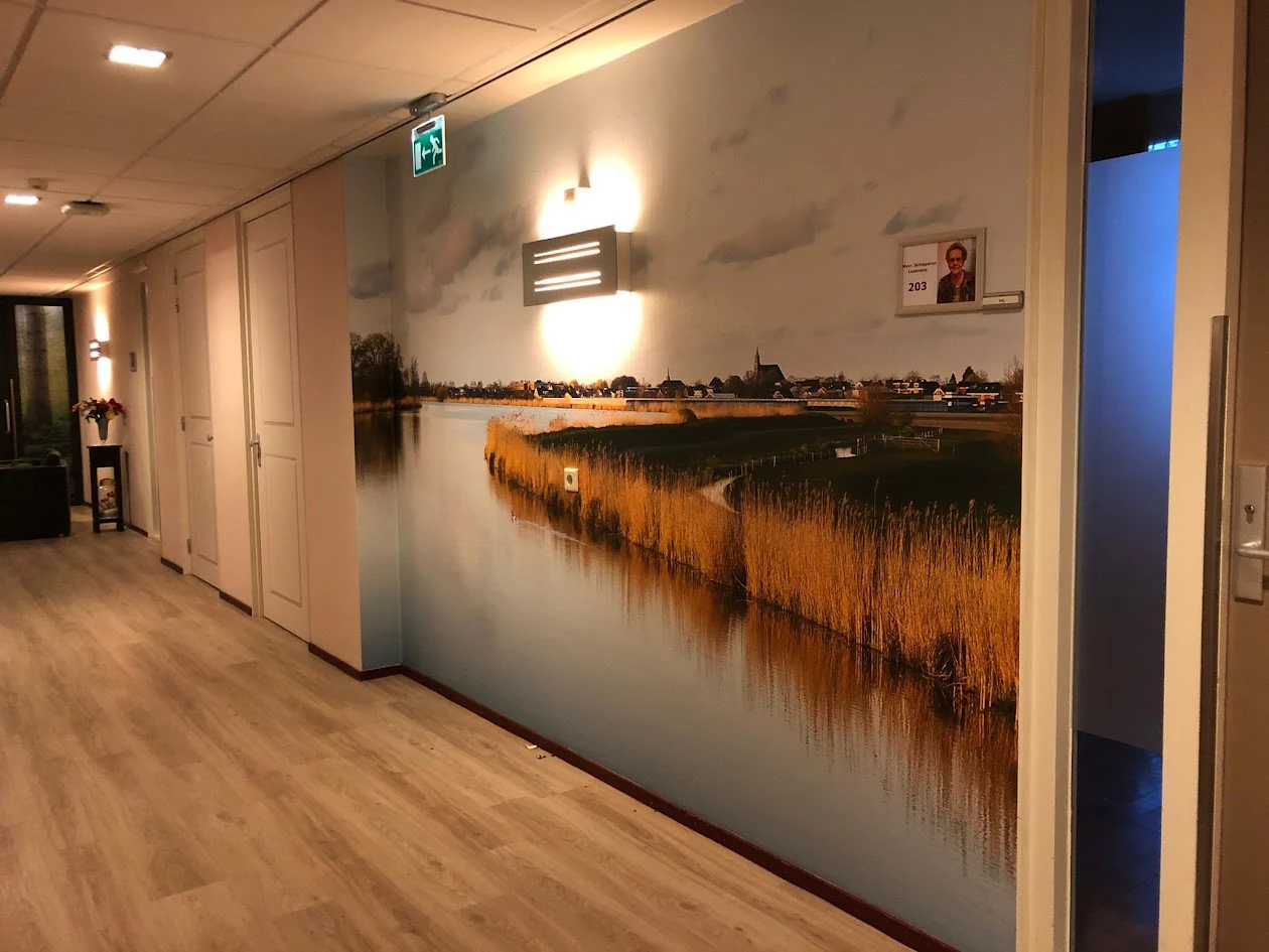 Landschap met water en riet als fotowand in een gang