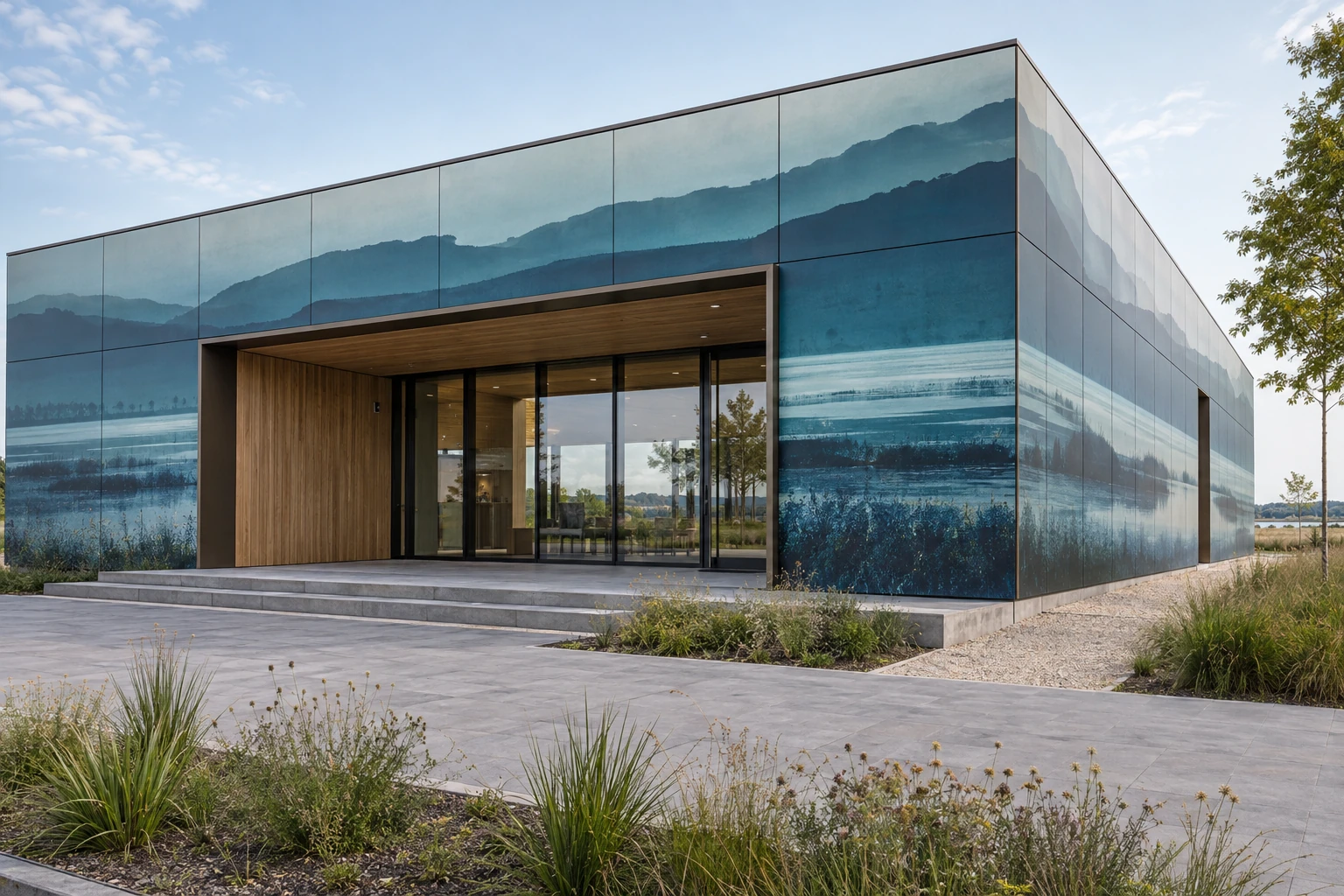 Design example of a visitor centre with landscape-printed HPL facade panels