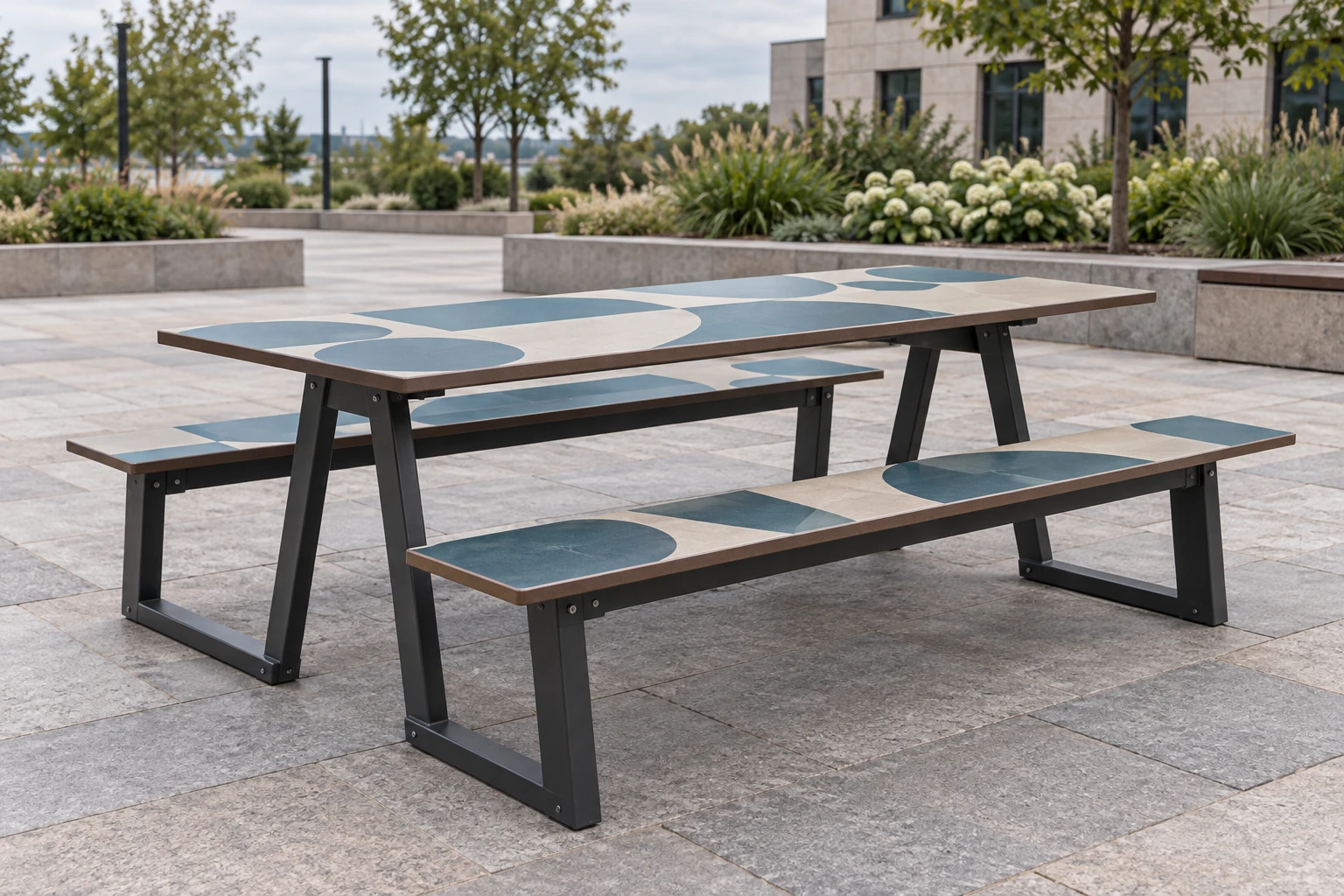 Design example of an outdoor table and benches with printed HPL tops