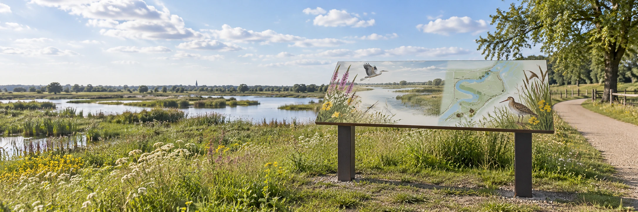 Design example of an HPL interpretation panel with nature illustrations beside a walking trail