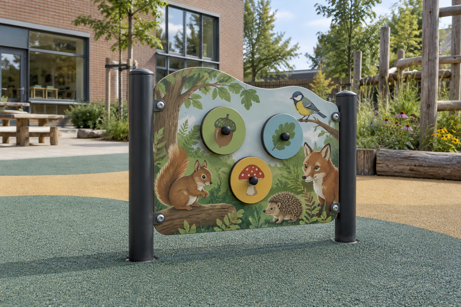 Design example of an educational HPL play panel in a school playground