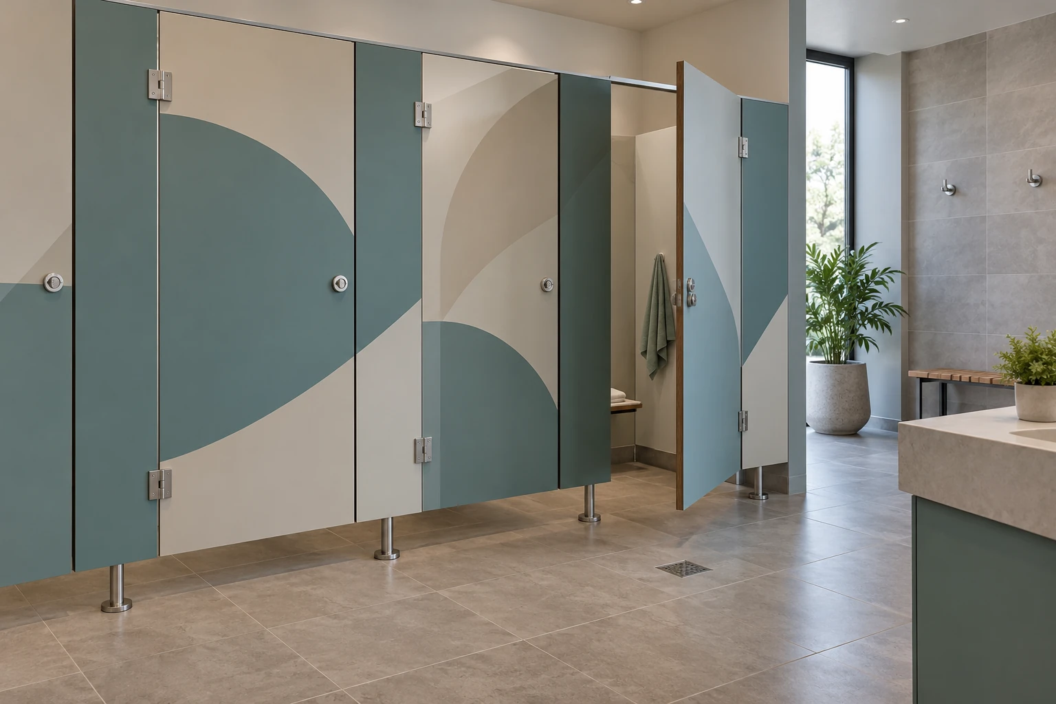 Design example of washroom partitions with decorative HPL panels