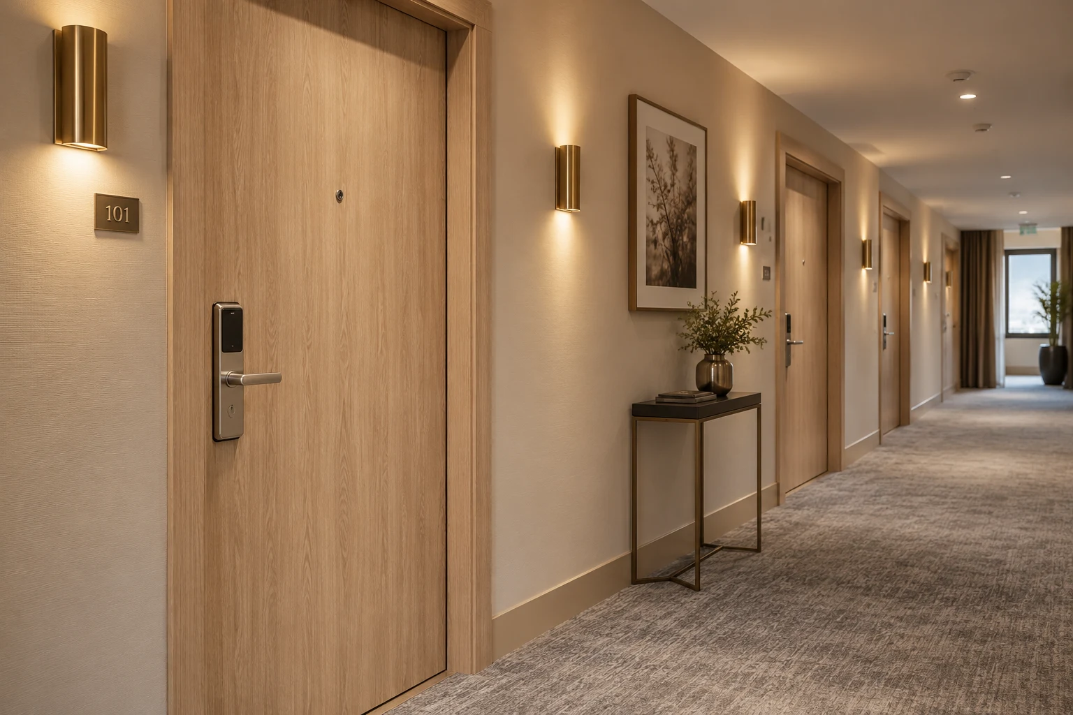 Finished hotel corridor with doors in a light wood-look finish