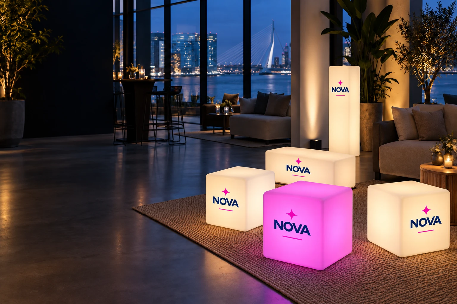 AI-ontwerpvoorbeeld van een NOVA-evenement met bedrukte LED-kubussen en lichtzuil