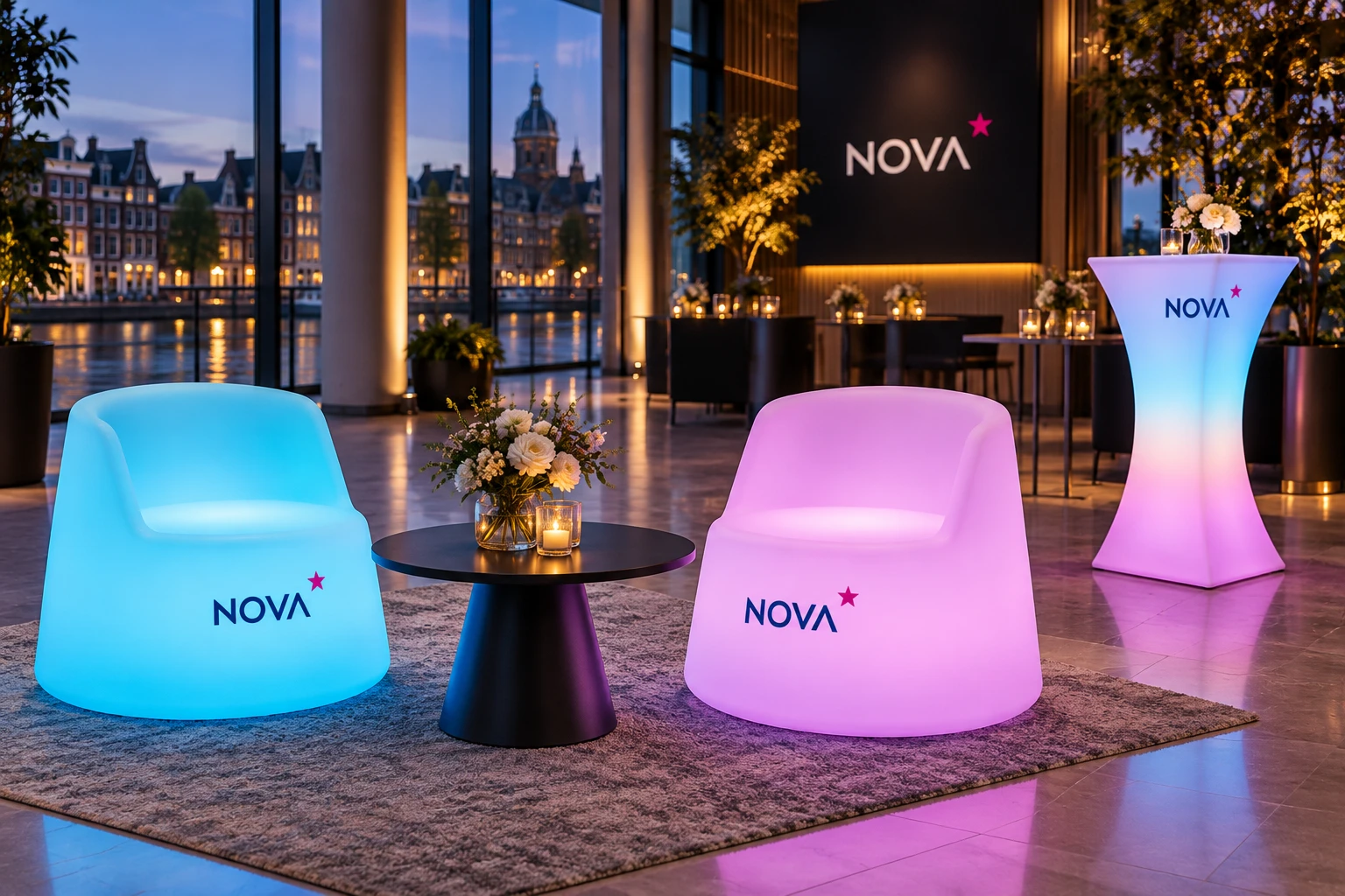 AI-ontwerpvoorbeeld met NOVA-logo op ronde LED-loungefauteuils en een vierkante cocktailtafel