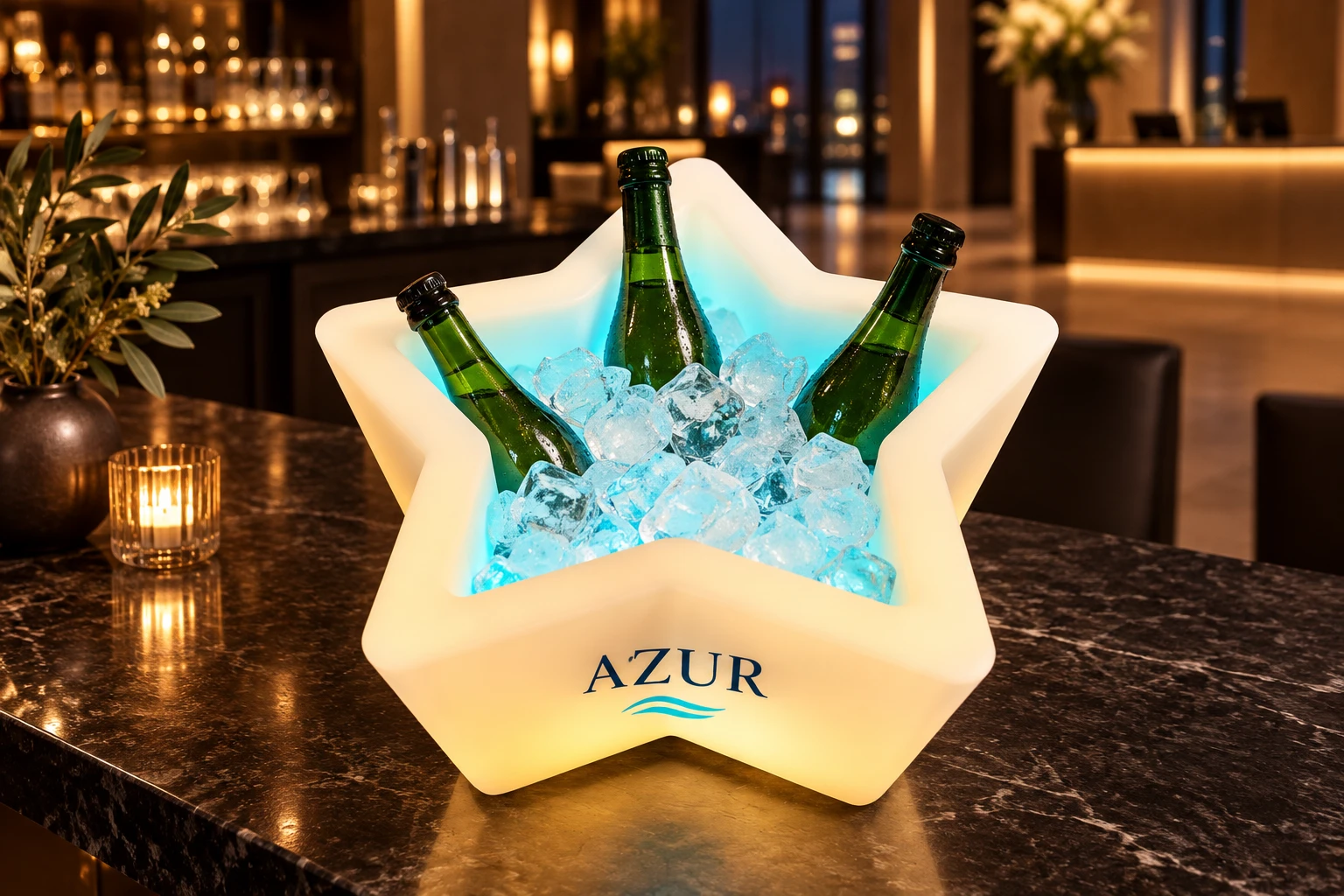 AI-ontwerpvoorbeeld van een vijfpuntige LED-sterijsemmer met AZUR-logo