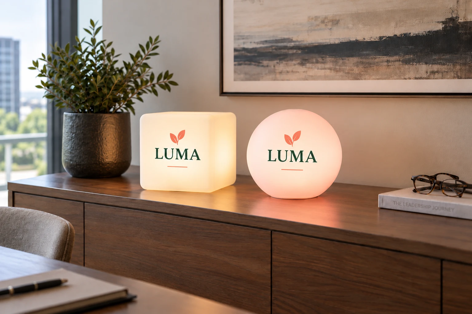 AI-ontwerpvoorbeeld van compacte LED-tafellampen met LUMA-logo