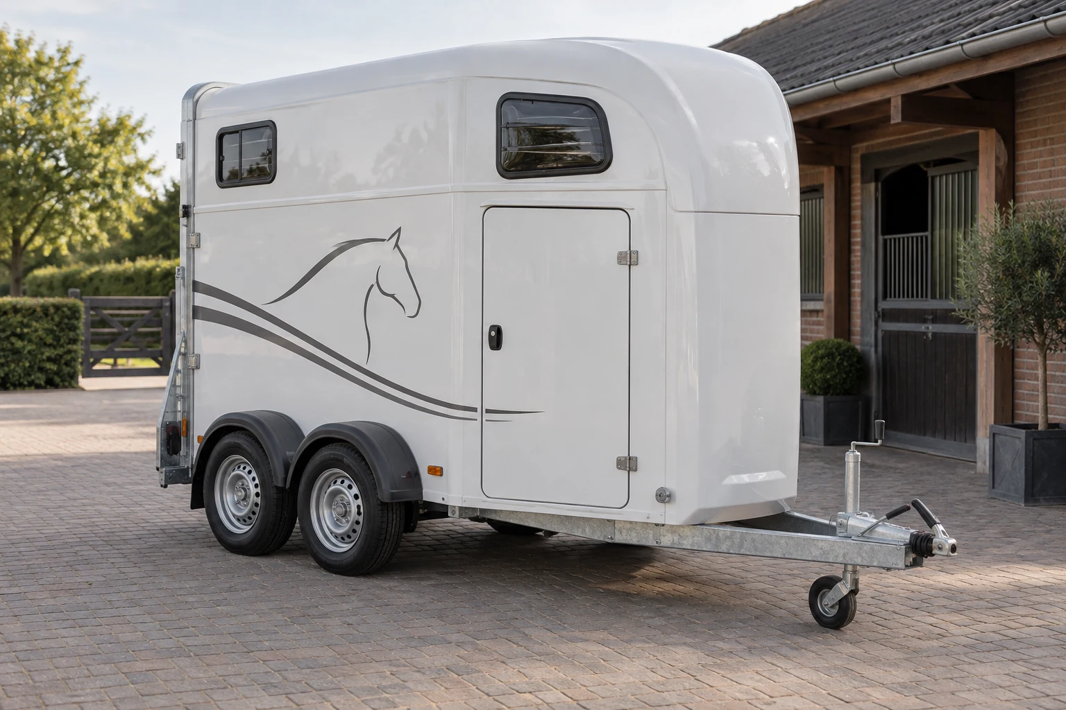 AI design example of a white horse trailer with subtle grey horse graphics