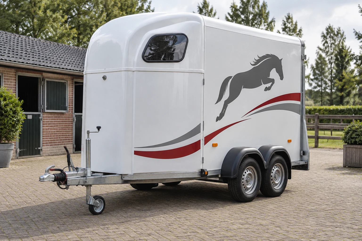 AI design example of a white horse trailer with a horse silhouette and red striping
