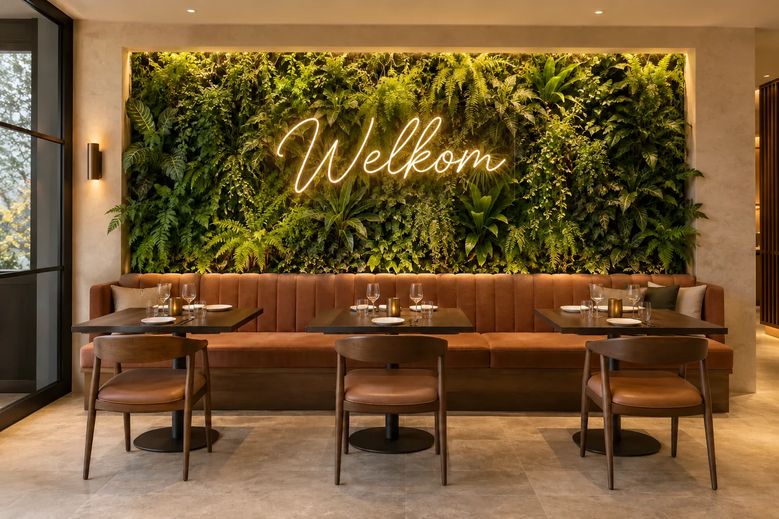 Lush plant wall with neon-style lettering behind hospitality seating
