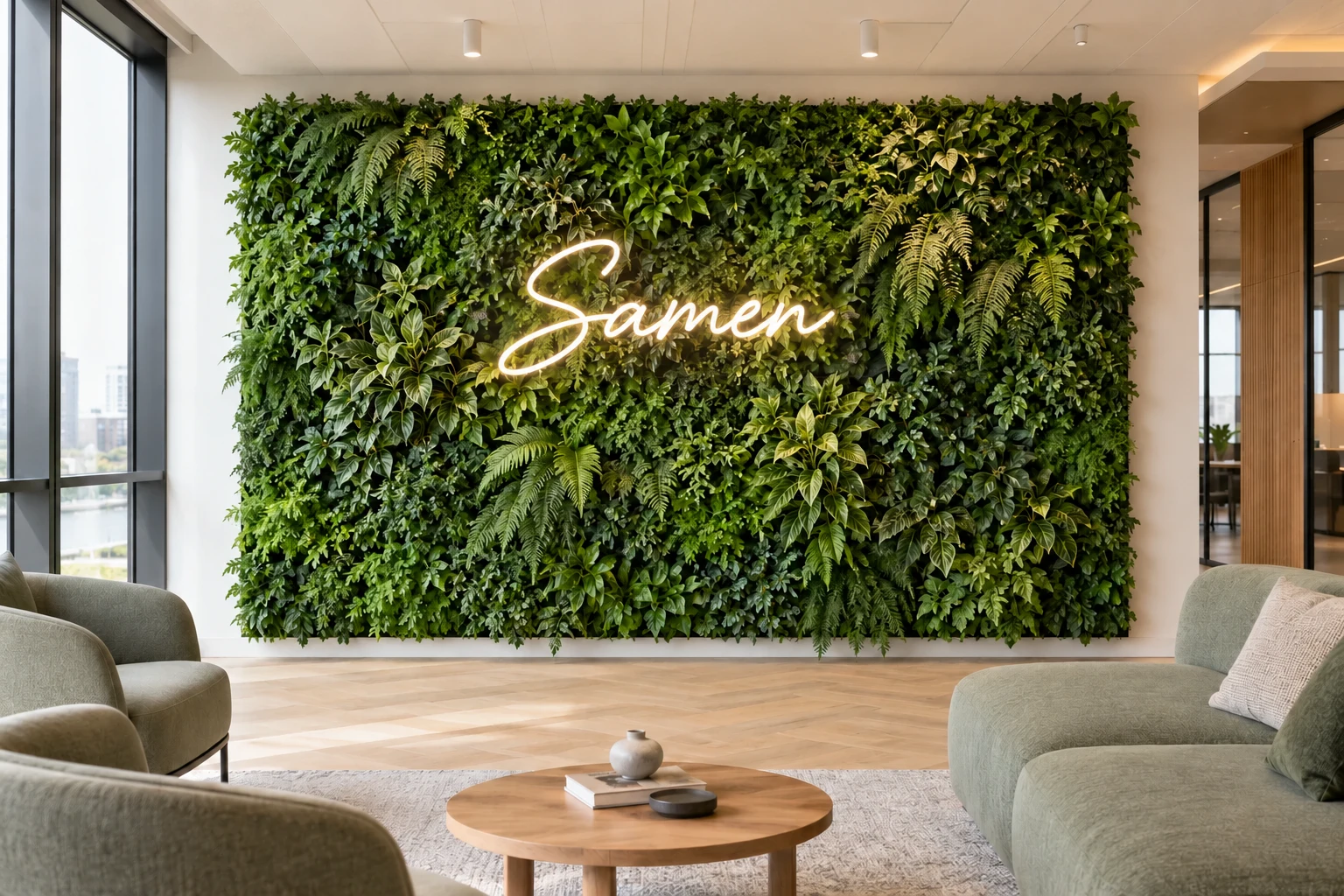 Green plant wall with warm neon-style lettering in an office