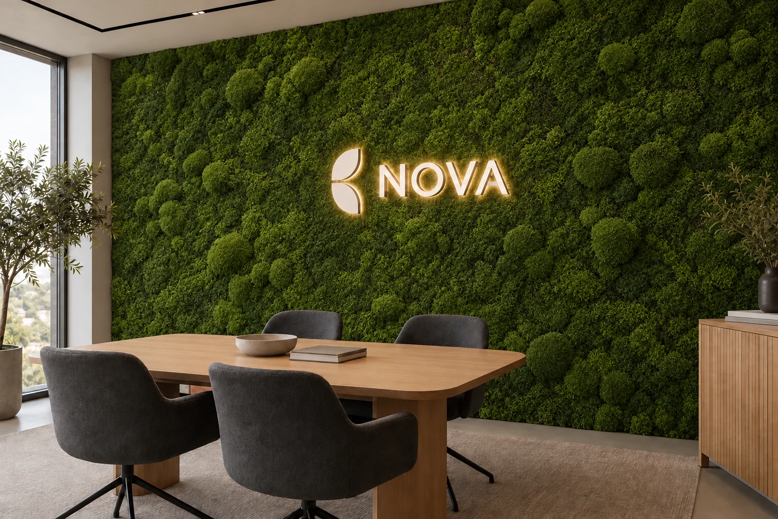 Complete moss wall with illuminated three-dimensional channel letters