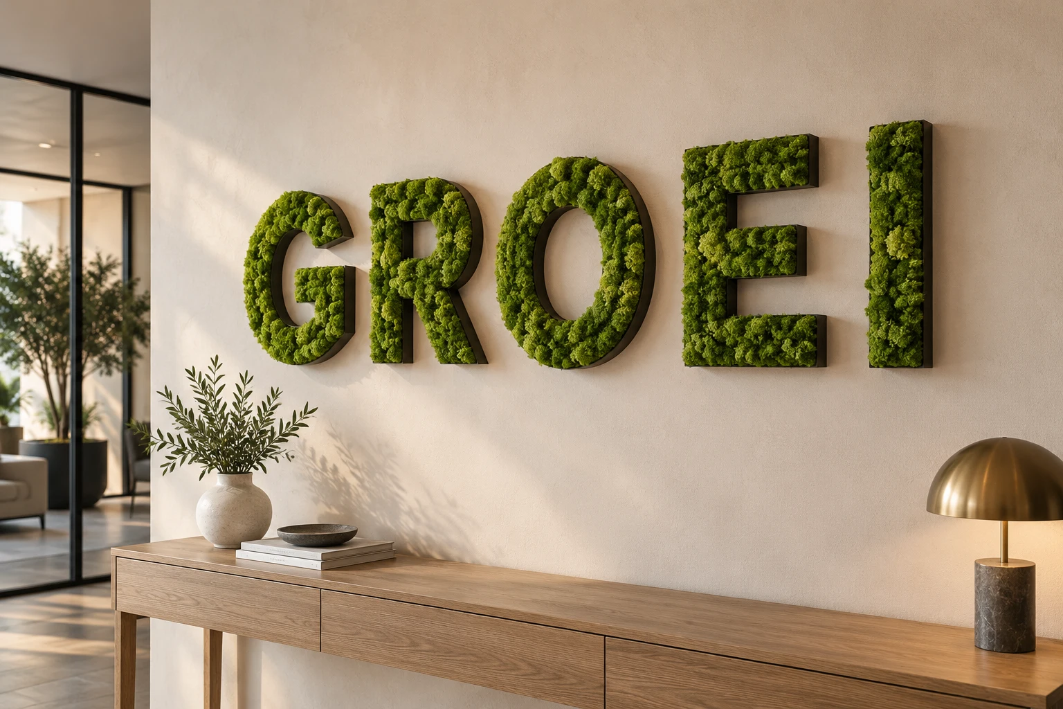 Green moss letters on a pale wall