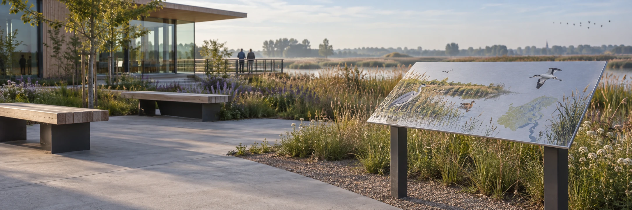 Design example of a printed aluminium information panel outside a visitor centre