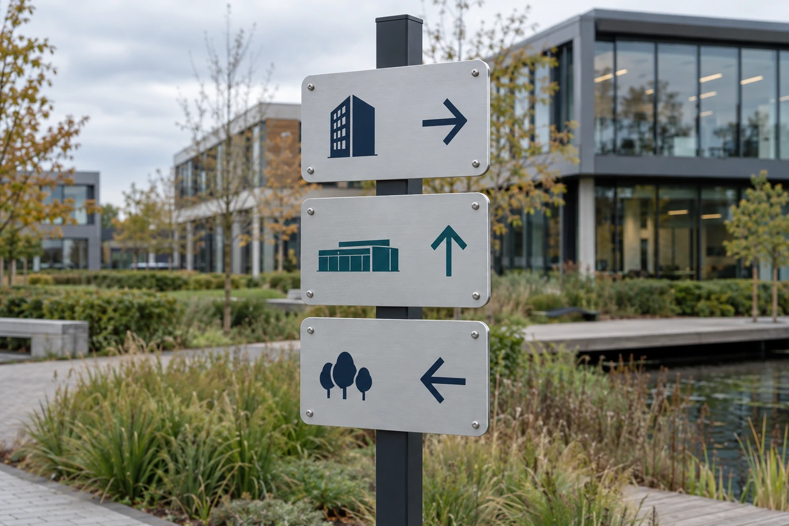 Design example of silver aluminium wayfinding signs on a business campus